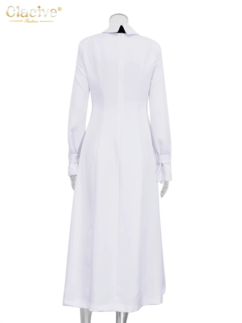 Clacive Fashion Slim White Office Dress Robe décontractée à revers à manches longues et longueur cheville Robe élégante classique fendue pour femmes 2024