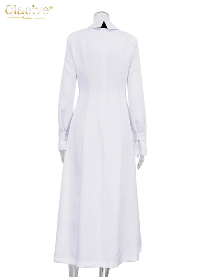 Vestido de oficina blanco ajustado de moda Clacive, vestido informal de solapa de manga larga hasta el tobillo, vestidos elegantes clásicos con abertura para mujeres 2024