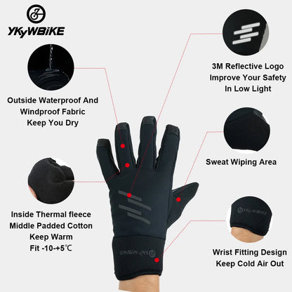 YKYWBIKE Gants de cyclisme pour homme en polaire thermique d'hiver, mitaines de vélo imperméables et coupe-vent pour écran tactile