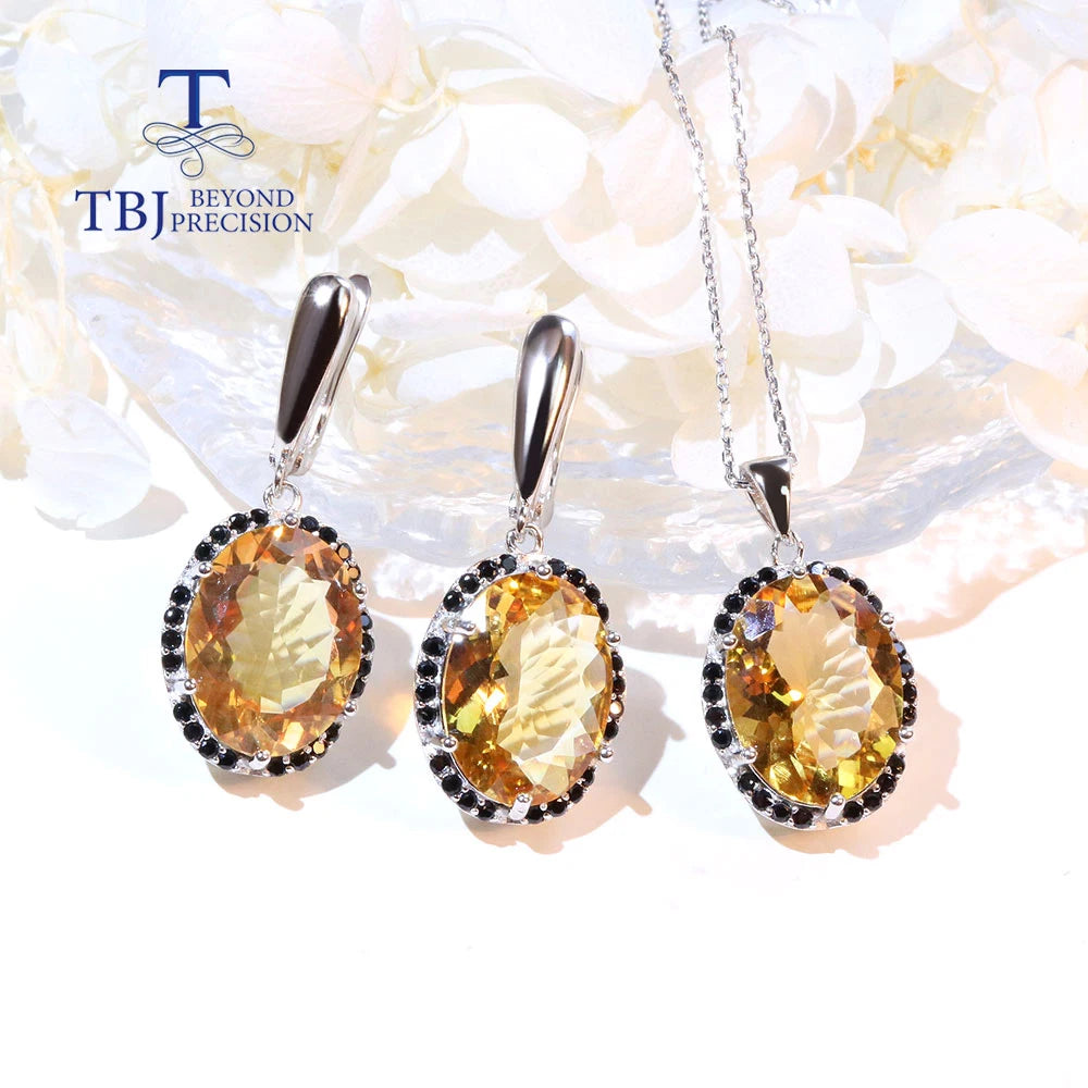 2022 Big Size oval 12*16mm Brazil natural Citrine Gemstone Jewelry set 925 sterling silver pendant necklace Earring for women