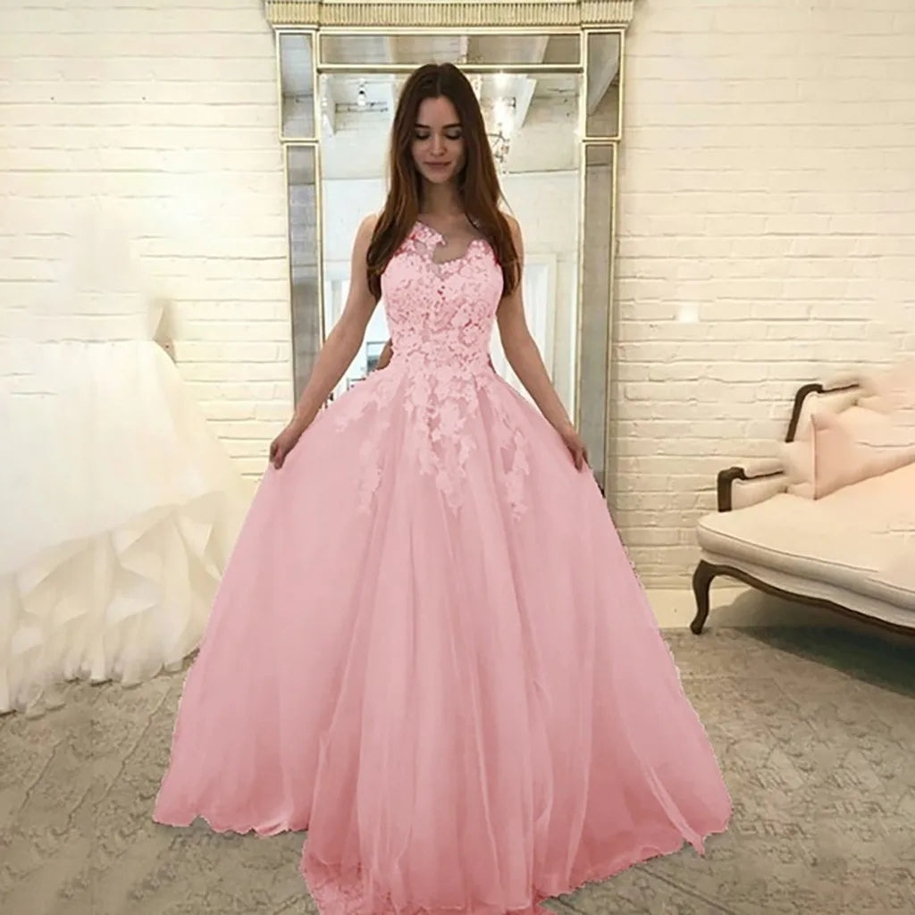 Vestidos largos de novia con bordado de encaje de flores, vestidos blancos de dama de honor de tul, vestidos largos de noche para fiesta, vestido de princesa esponjoso