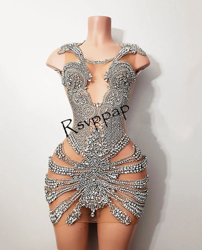 Silver Diamond Sexy See Through African Black Girl Birthday Cocktail Gowns Exquisite Heavy Handmade Beads Short Party Prom Gowns