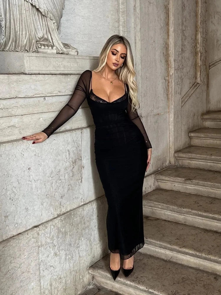 2023 Spring and Summer New Women's Long Sleeve Corset Dress Mesh Slim Fit Dress Sexy Black Maxi Birthday Party Dresses Elegant