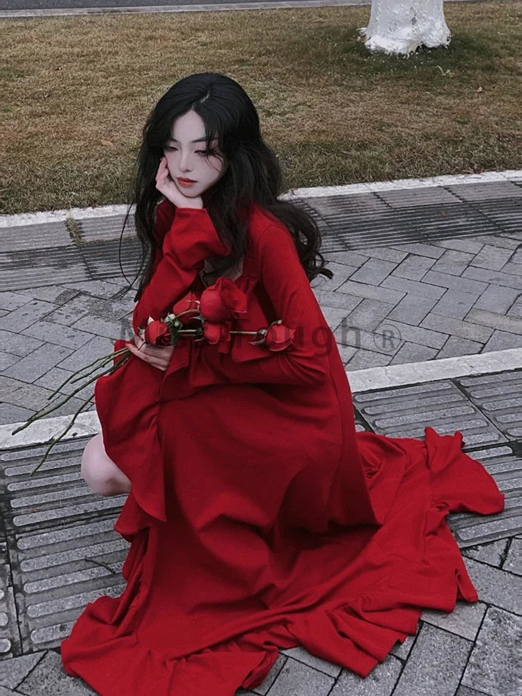 Autumn Red Vintage Elegant Dress Women Flare Sleeve Designer Sweet Long Dress Female Ruffles Retro Princess Irregular Dress 2024