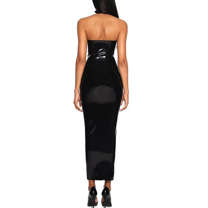 Summer Sexy Backless Patent Leather Maxi Dress Bodycon Slim Halter Neck Sleeveless Elegant Party Long Dresses Strapless Custom