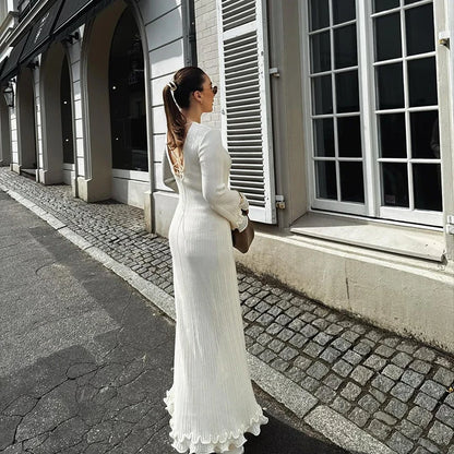 Elegant White Maxi Dress Women Autumn Wimter Flare Sleeve Ruffles Knitted Dresses Vintage High Street Trumpet Party Robes