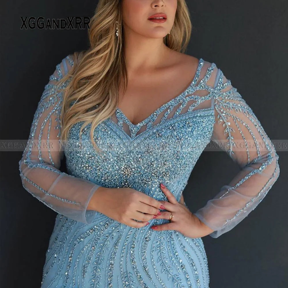 Sparkly Blue Long Sleeves Plus Size Mother Of Bride Dress 2024 V Neck Heavy Beading Elegant Mermaid Evening Party Gown Woman