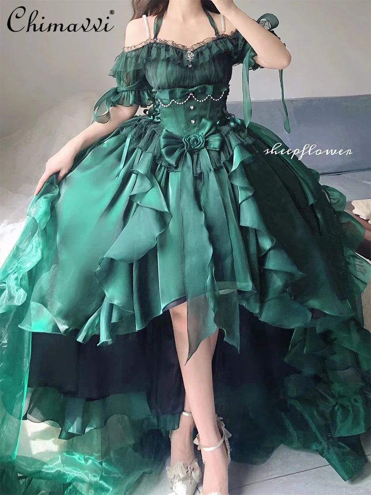 Green Front Short Back Long Lolita Dress Women Autumn Heavy Industry Sexy Girl High Waist Party Trailing Umbrella Princess Dress