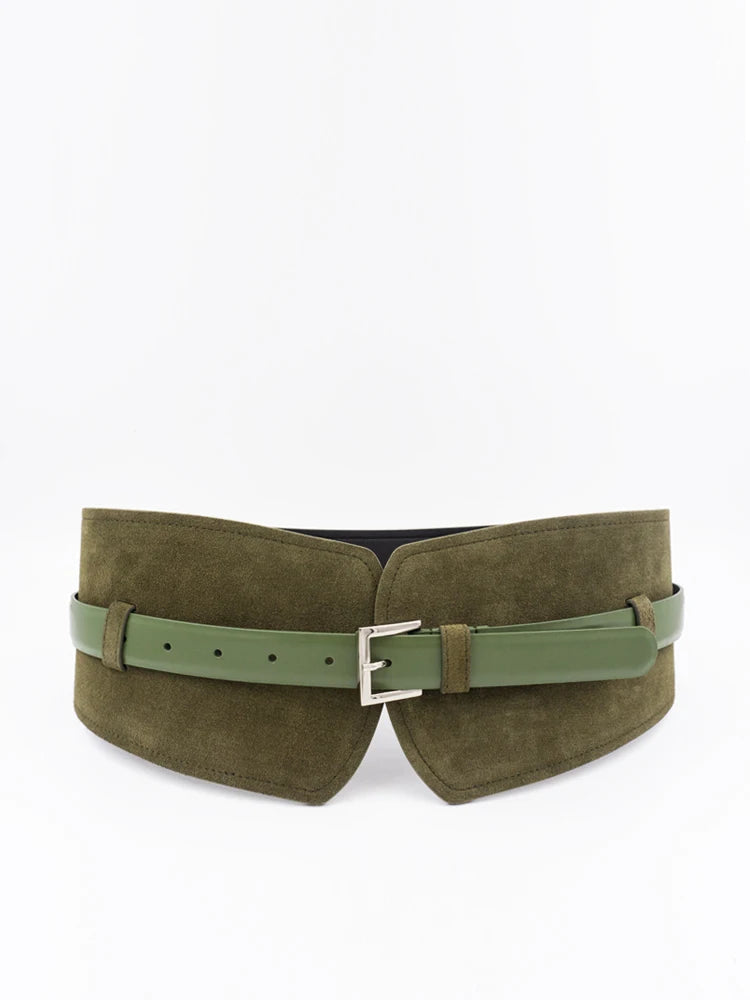 Retro suede dual-purpose waistband with contrasting brown leather and jacket waistband and wide belt