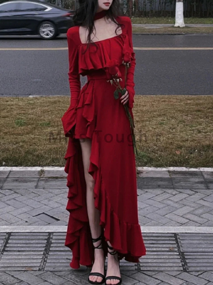 Vestido elegante vintage rojo de otoño para mujer, vestido largo dulce de diseñador con mangas acampanadas, vestido irregular retro de princesa con volantes para mujer 2024