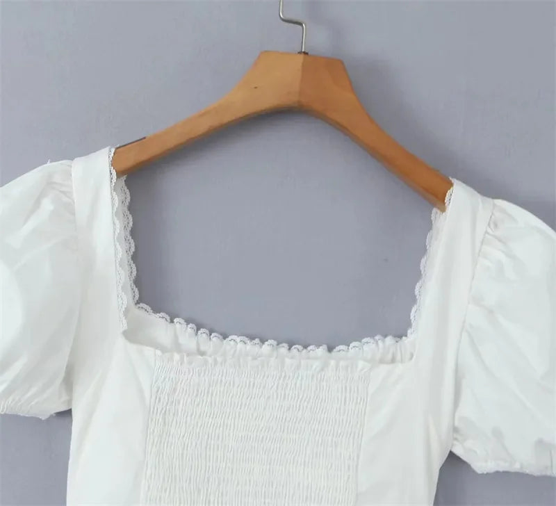 Hauts d'été blancs pour femmes 2023 Y2k Crop Top Mini mignon à lacets à manches bouffantes Hauts décontractés pour vacances