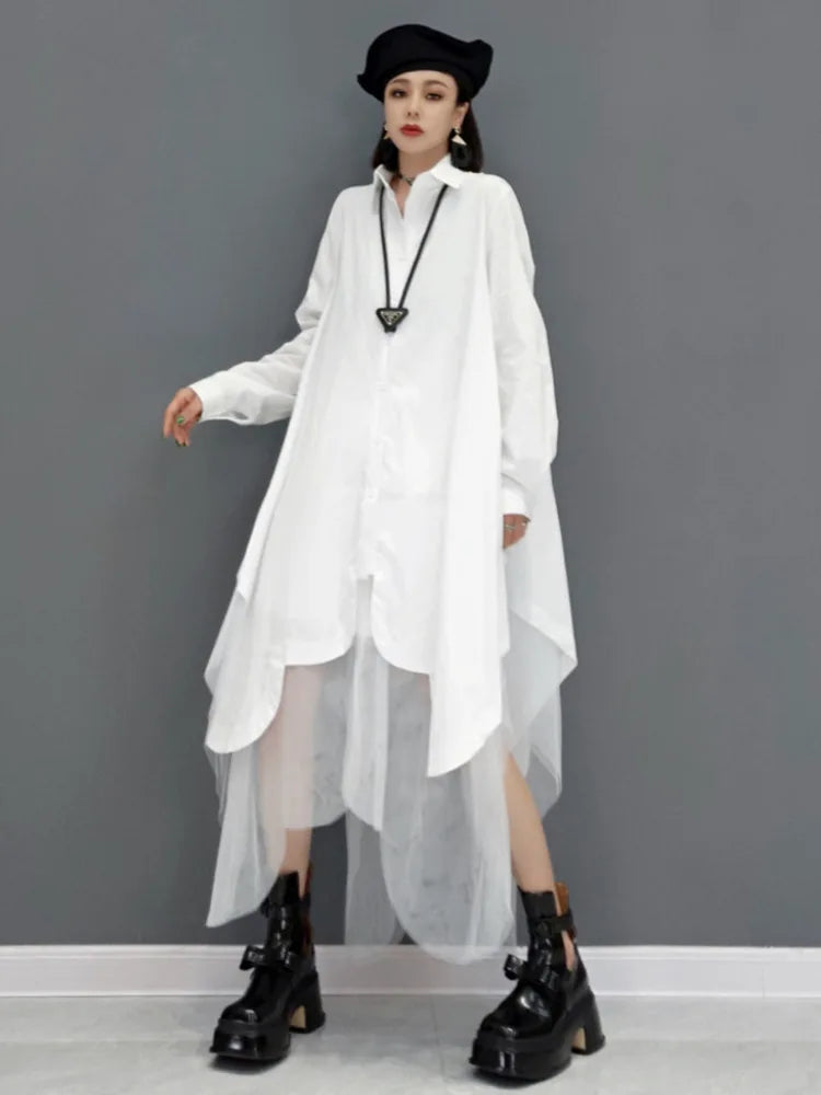 SHENGPALAE Mesh Splicing Oversized Long Sleeve Dress Women's 2024 Spring Summer New Fashion Tide Solid Color Shirt Dresses 5R956