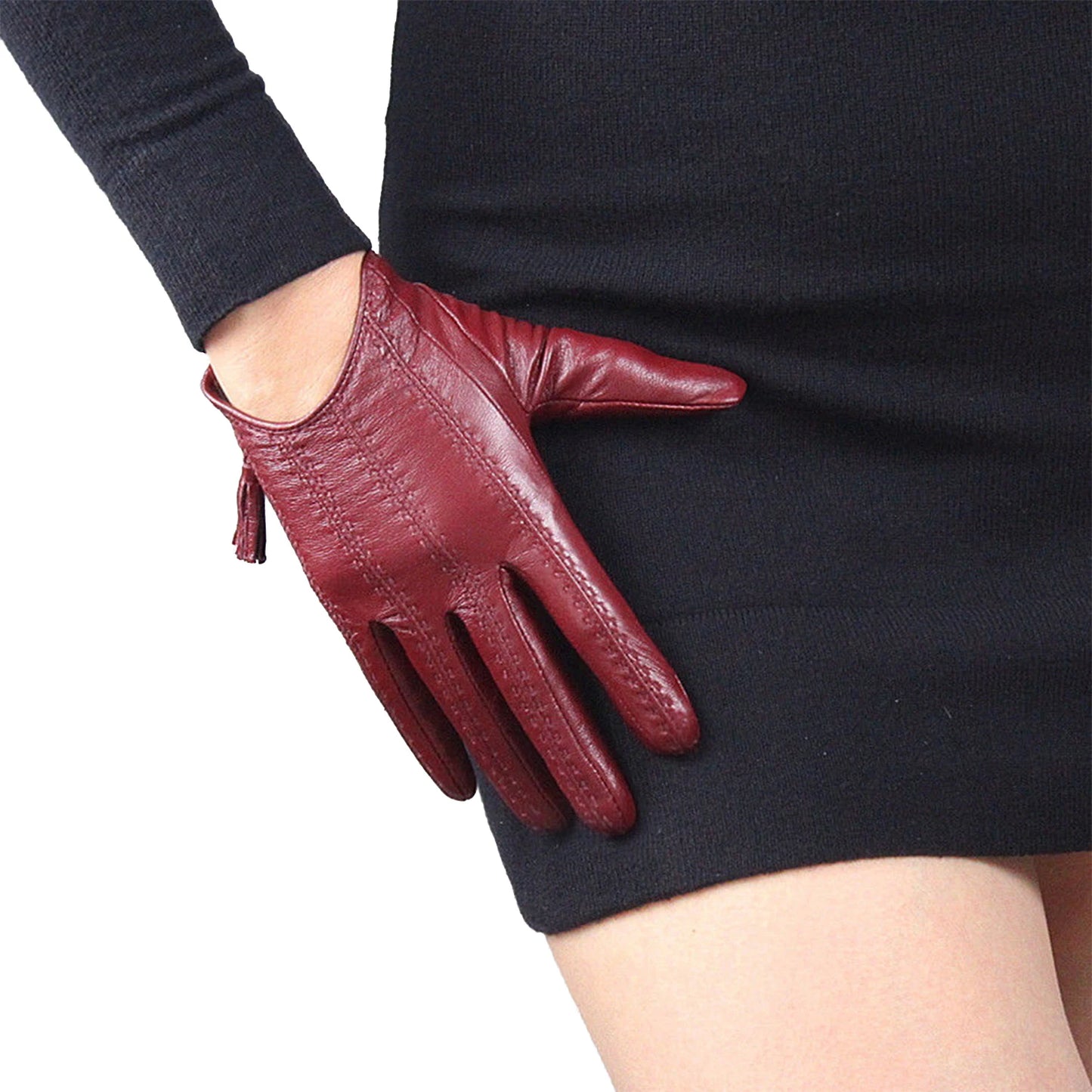 Guantes cortos de piel auténtica DooWay para mujer, color vino tinto oscuro, con cremallera en la muñeca, borlas y flecos, forrados con tecnología, cálidos para conducir en invierno y fiestas