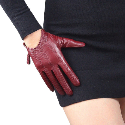 Gants courts en cuir véritable DooWay pour femmes, gants techniques, vin rouge foncé, poignet, fermeture éclair, franges, pompon, doublés, gants d'hiver chauds pour conduite et fête