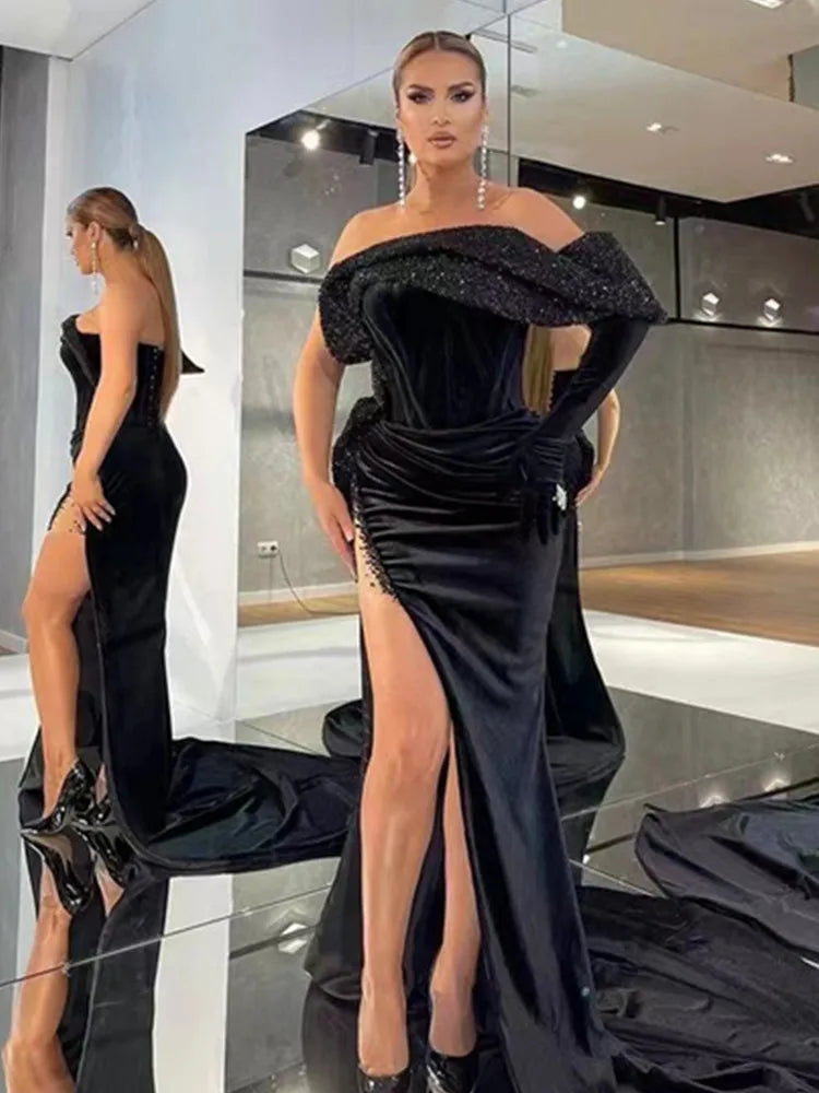 Vestido largo ajustado de terciopelo negro con hombros descubiertos y purpurina para mujer, vestido elegante de fiesta, noche y boda, para invierno, 2022