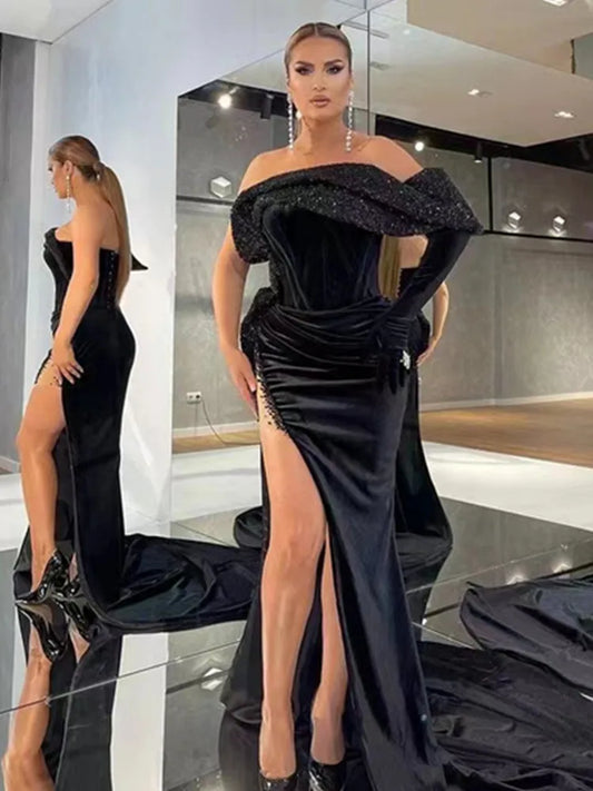 Robe longue moulante sexy à épaules dénudées et paillettes en velours noir pour femme, tenue de soirée élégante, nouvelle collection hiver 2022