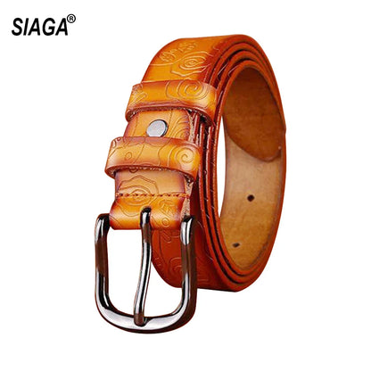 Fashion Design Floral Pattern Rose Red Genuine Leather Female Belt Women's Pin Buckle Metal Belts 28mm Wide 2023 FCO082