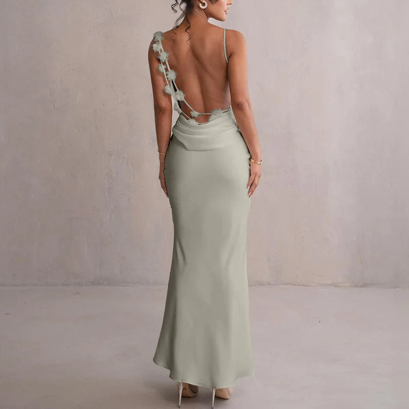 Elegante vestido de invitada de boda con flores en 3D para mujer, vestido largo de satén sin espalda con tirantes finos para fiesta de noche y regreso a casa