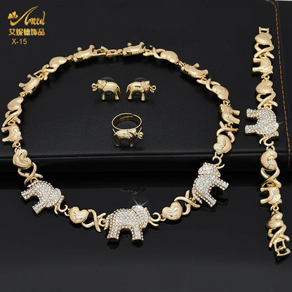 ANIID XOXO Women Jewelry Necklace Set 18K Gold Color Bride Elephant Rhinestone Wedding Necklace Earrings Bracelet Ring Set Gift