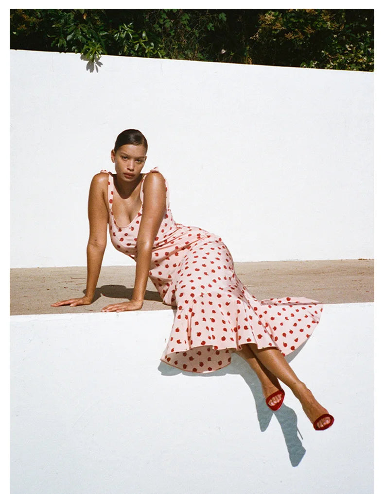 Vestido largo con cuello cuadrado y dobladillo de sirena, estampado de rosas 100 % seda para mujer