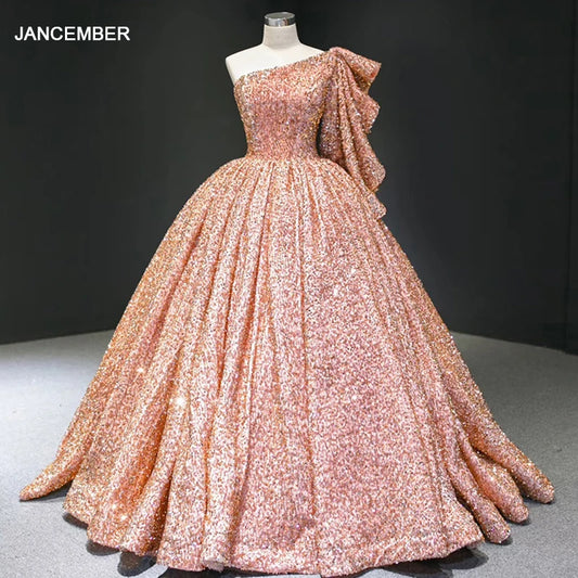 RSM67098 Robe de cocktail à paillettes, longueur au sol, longue robe de soirée rose, plissée, robe d'invitée de mariage pour femmes, robe de soirée