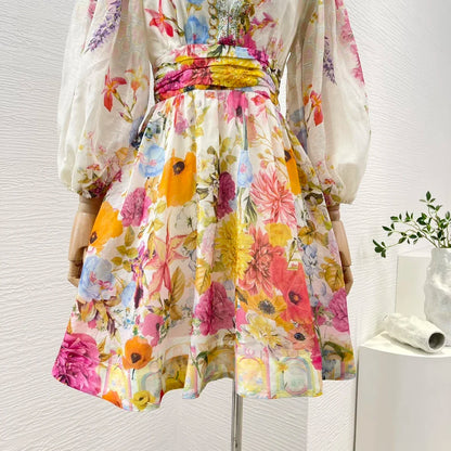 Minivestido de lino y seda de alta calidad con estampado floral multicolor, manga larga, escote en V, diamantes, prensado, elástico y fruncido para mujer