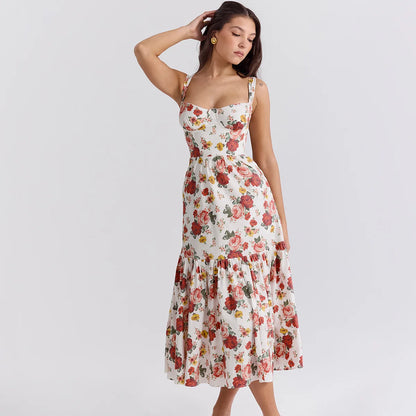 Oligai Summer Elegant Holiday Dress 2024 Causal Ruffle Hems Fit and Flare Dress with Pocket Mid Length Floral Print Dress