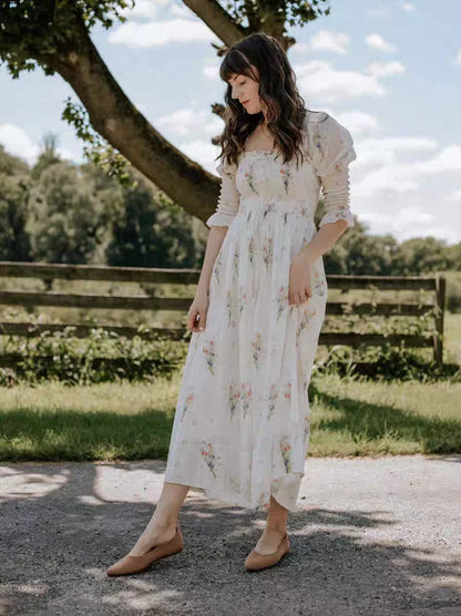 Robe longue à manches bouffantes et col à lacets plissés à taille haute avec imprimé floral romantique pour les vacances françaises pour le printemps et l'été