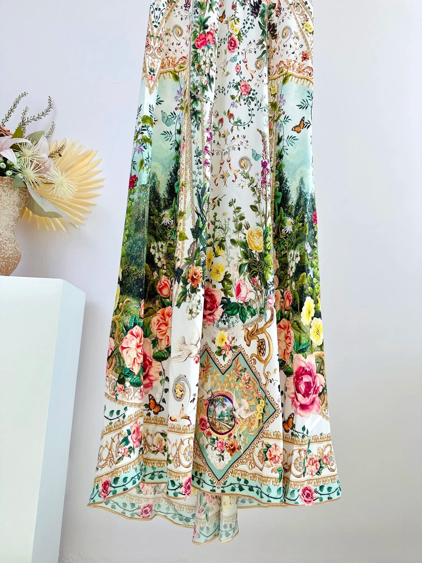 Robe longue de vacances sans bretelles pour femmes, 100 % soie, imprimée de fleurs et de perles, dos nu