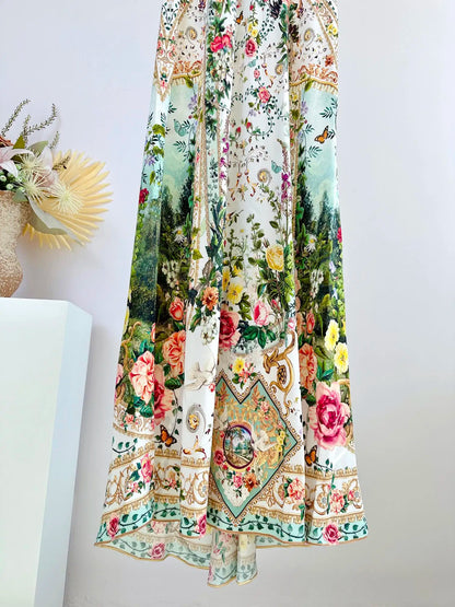 Women Strapless Beaded Flower Printed Backless 100% Silk Holiday Long Dress