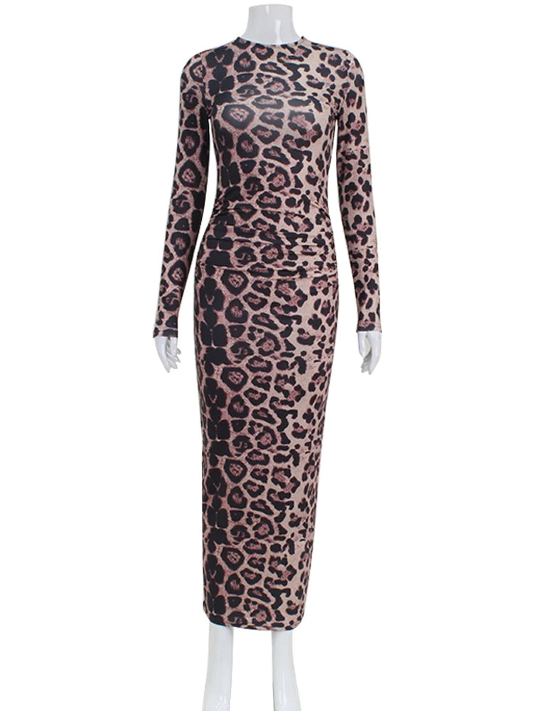 CNYISHE Leopard Bodycon Sheath Sexy Club Vestidos de mujer Manga larga Cuello redondo Trajes de moda Bodycon Slim Vestidos femeninos Batas