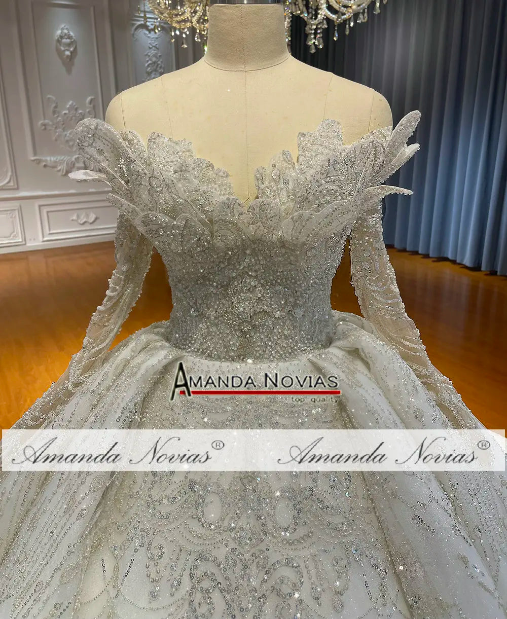 NS4794 Vestido de novia con mangas al hombro y diseño especial, talla personalizada