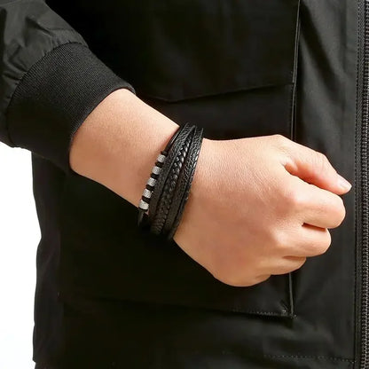 Pulsera de cuero de acero inoxidable para hombre, pulsera de cuentas clásica multicapa tejida a mano, joyería de moda para hombre, venta al por mayor, envío directo