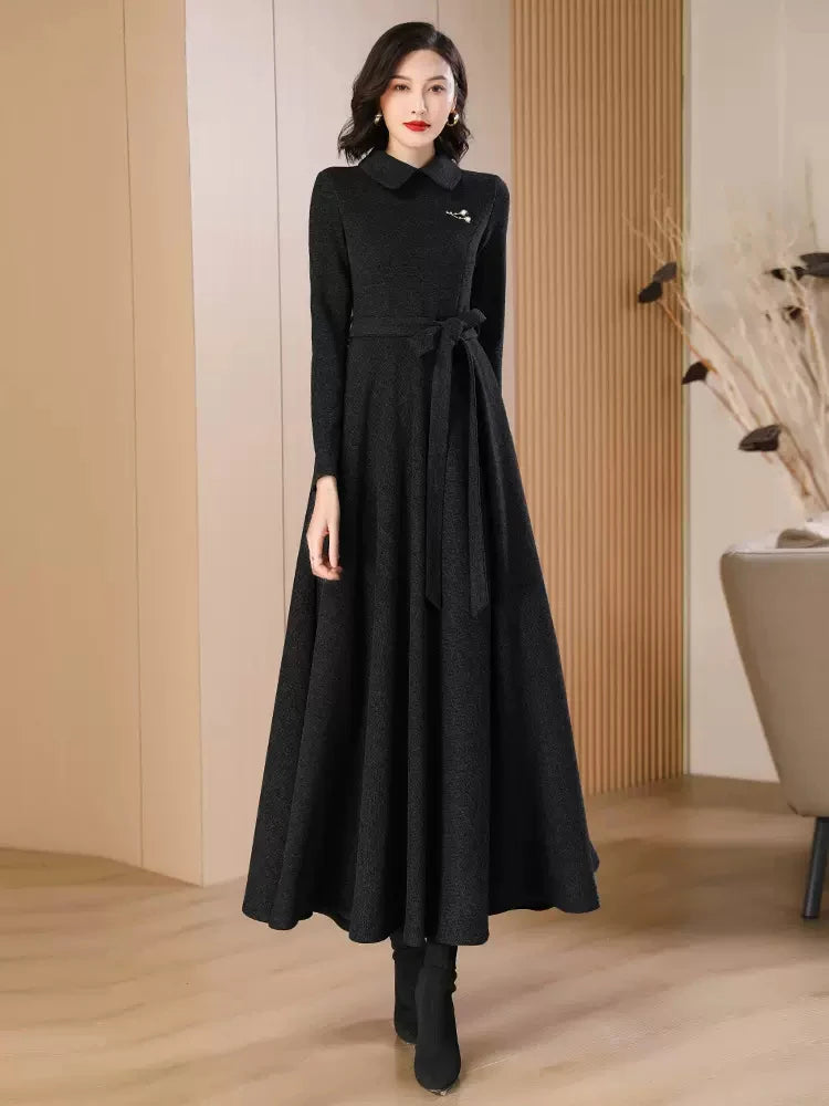 New Women Black Woolen Dress Autumn Winter Fashion Peter pan Collar Long Sleeve Wool Blends Long Dress Elegant Slim Dress