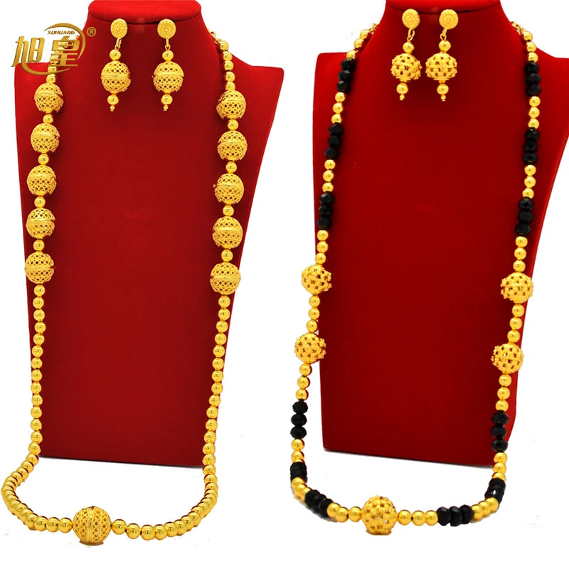 Ensemble de bijoux de luxe à la mode Dubaï couleur or 24 carats avec longue chaîne et perles pour femmes arabes africaines indiennes, collier à breloques, boucles d'oreilles, cadeaux