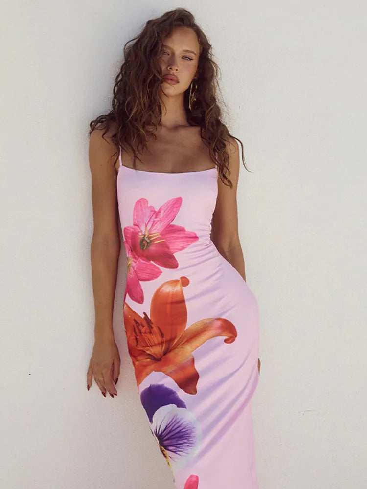 Vestido largo con estampado floral de Mozision para mujer, vestido de verano nuevo con tirantes finos, sin mangas, sin espalda, ajustado, sexy, midi, elegante