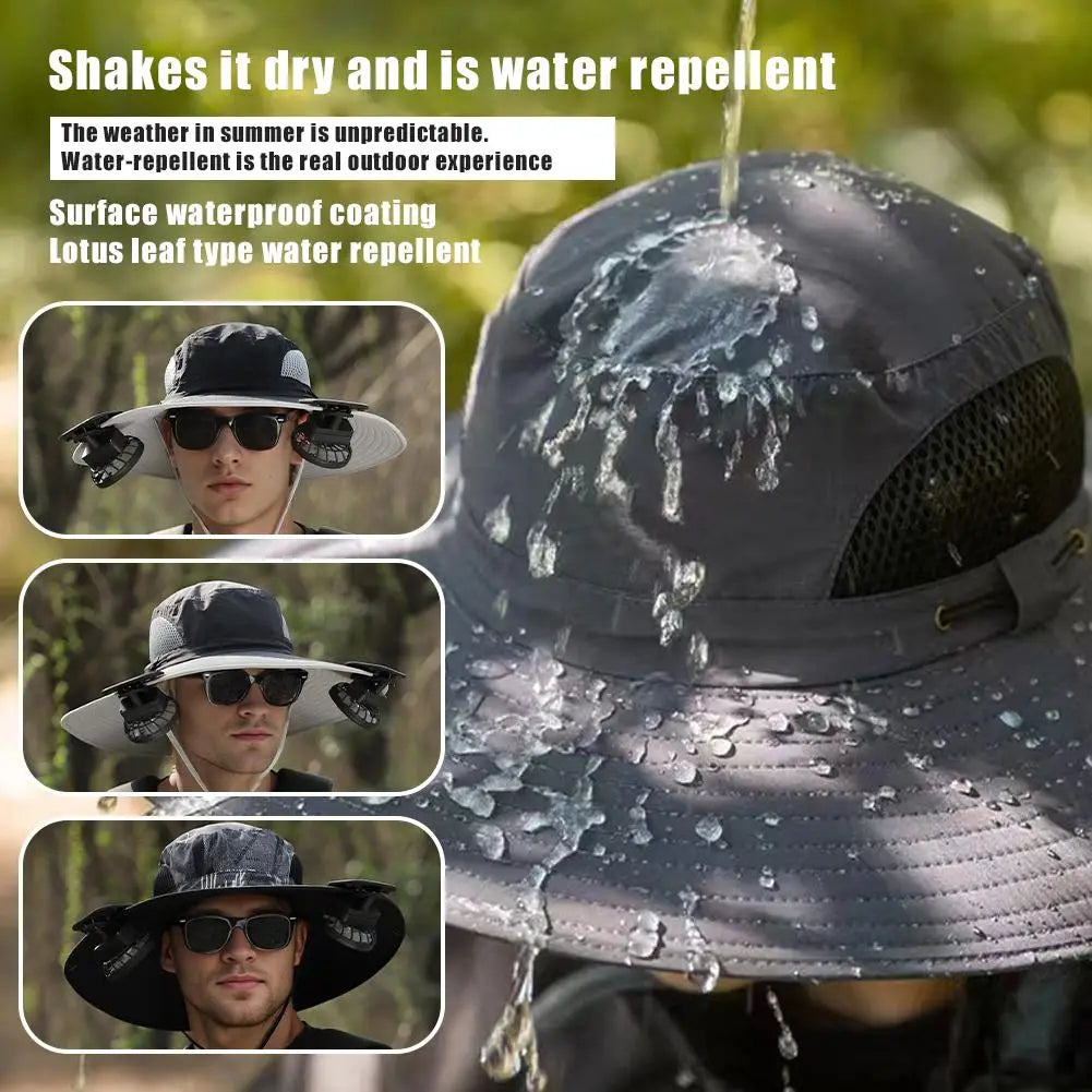 Sombrero con ventilador de refrigeración recargable, gran protección contra el viento para actividades al aire libre en verano, pesca y protección solar, sombrero de ala grande