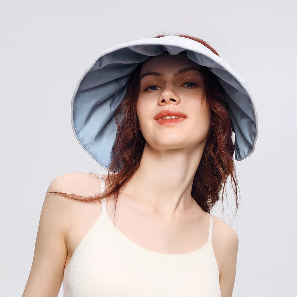 OhSunny - Gorro con cinta para la cabeza con tiras para atar, plegable, con forma de concha, para mujer, 2024, protección facial completa, parte superior vacía, ala grande, sombrero de playa anti-UV