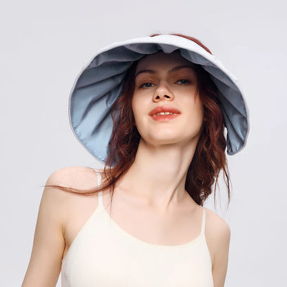 OhSunny Bandeau à bretelles avec nœuds, chapeau de soleil pliable en forme de coquille pour femmes 2024, protection complète du visage, haut vide, grand bord, chapeau de plage anti-UV