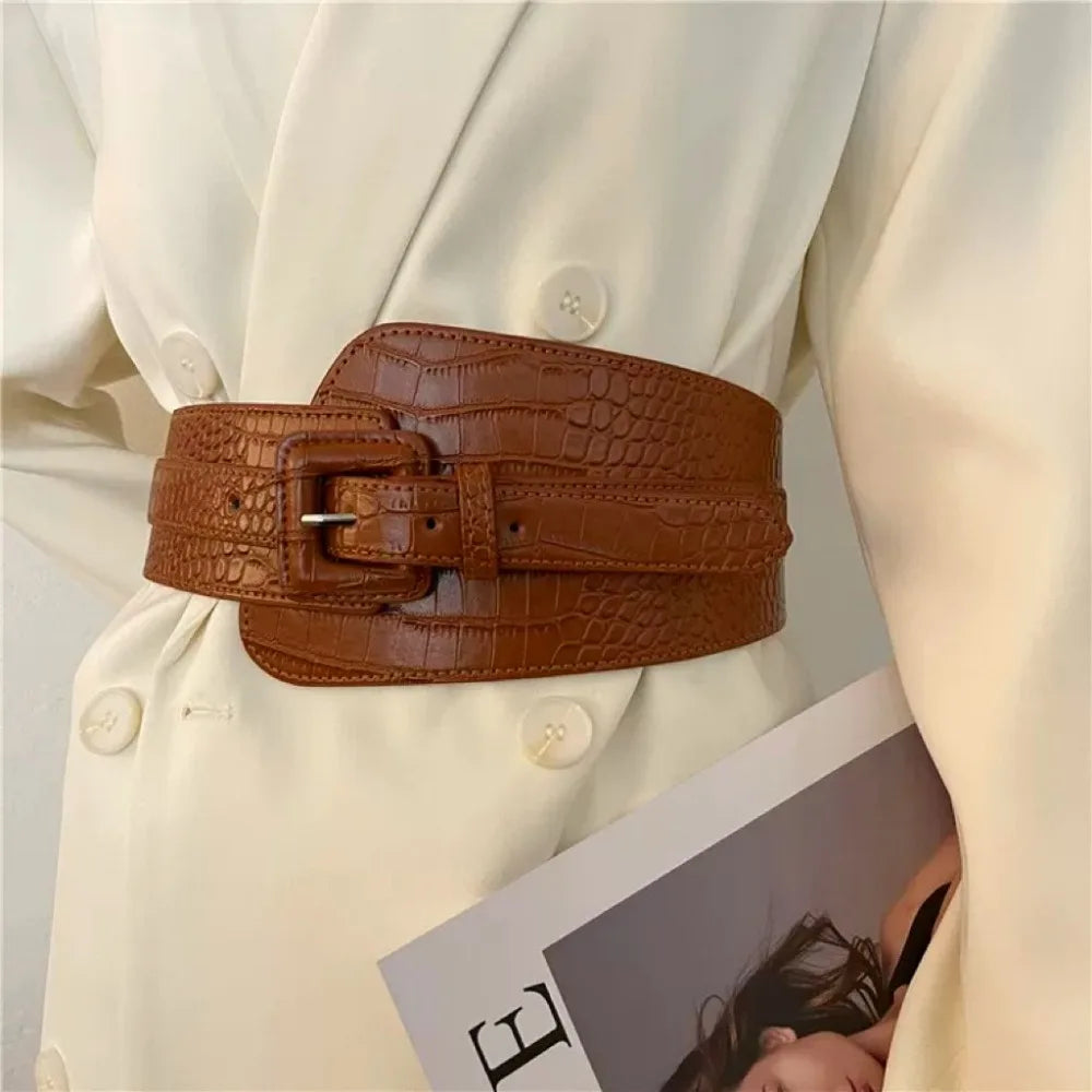 Crocodile Pattern PU Leather Wide Belt Women Coat Dress Corset Accessories 2023 Fashion Luxury Designer Cummerbunds for Female