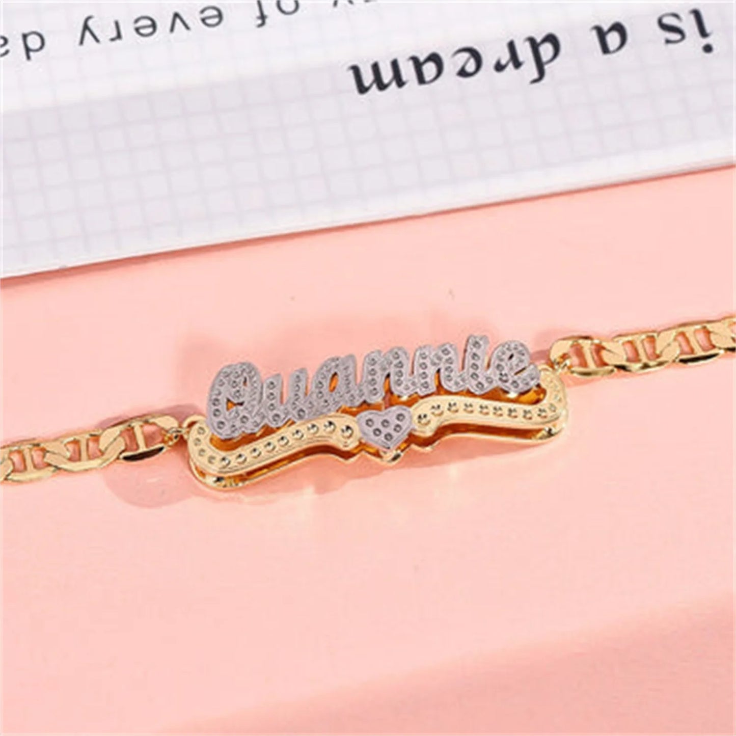 DHQH Personalized Heart Customized Two tone Name Bracelet Stainless Steel 3D Name Plate Gold Chain Name Bracelet Women's Style