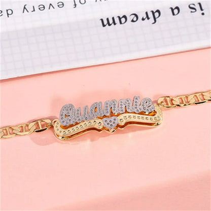 DHQH Personalized Heart Customized Two tone Name Bracelet Stainless Steel 3D Name Plate Gold Chain Name Bracelet Women's Style