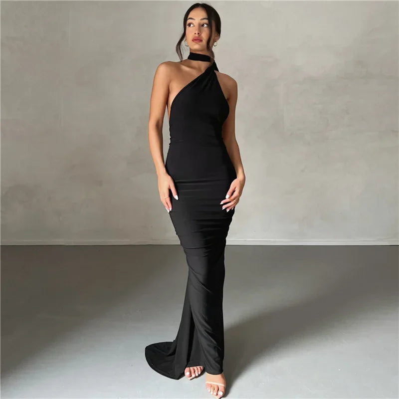 Combhasaki Mujeres Elegante Sexy Sin Mangas Halter Cuello Diagonal Sólido Delgado Verano Bodycon Maxi Vestido Largo De Fiesta Drapeado Fruncido