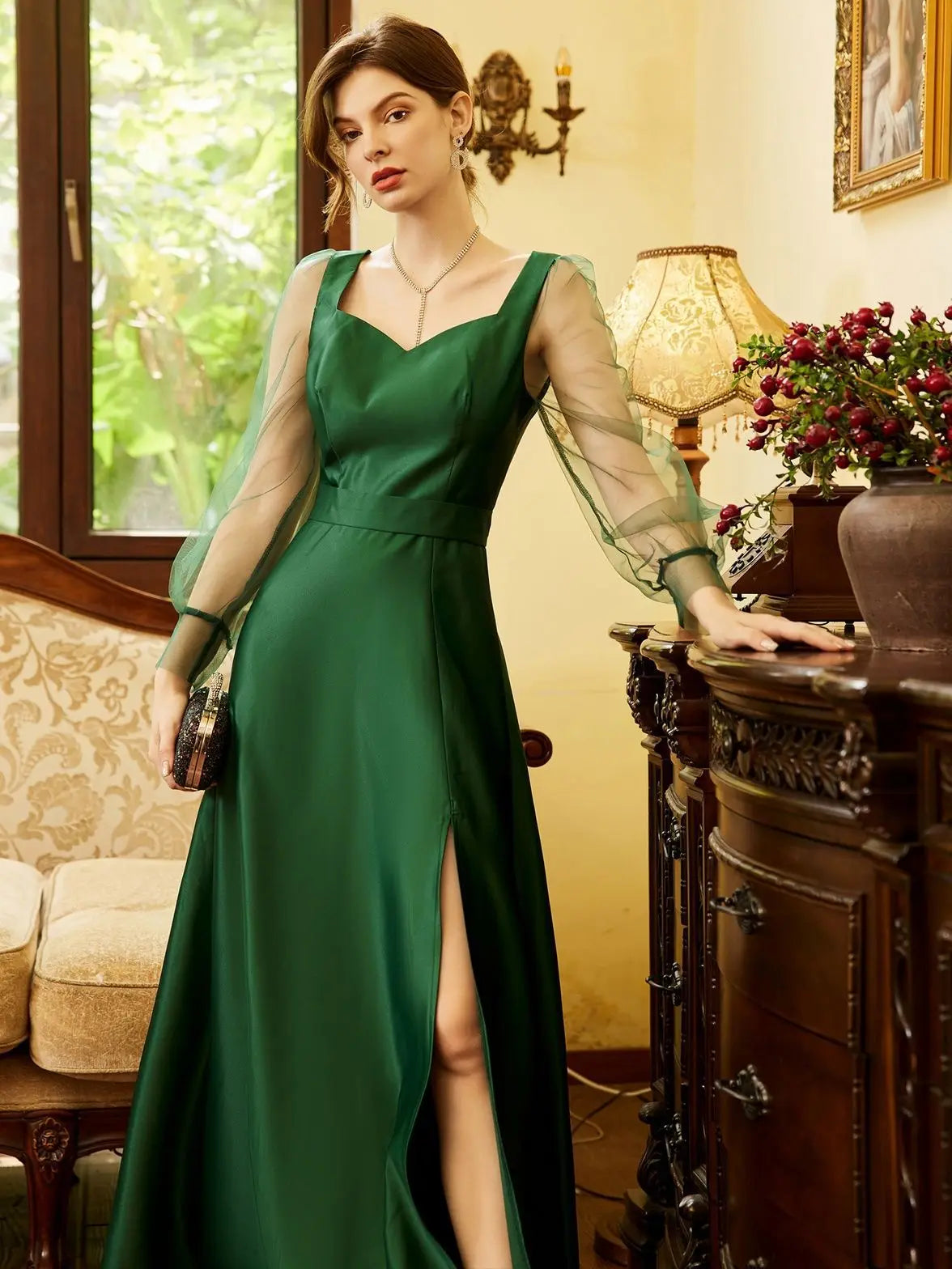 Womens Green Satin Formal Wedding Guest Evening Party Maxi Dresses Long Sleeve Split Maxi Cocktail Long Dresses Vestidos