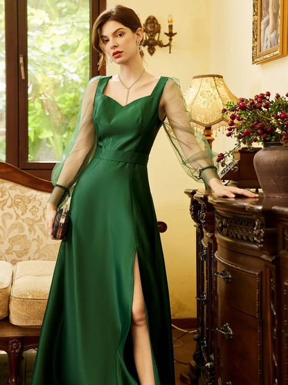 Robe longue de soirée en satin vert pour femme, tenue de soirée formelle, de mariage, d'invité, à manches longues, fendue, pour cocktail