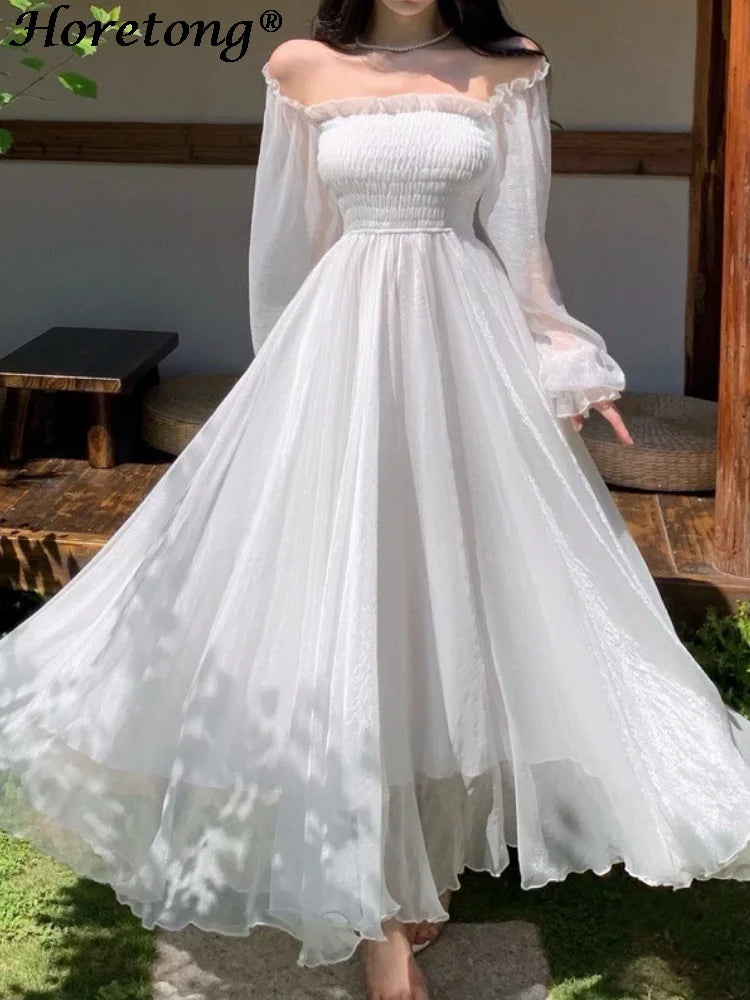 Horetong Elegant Maxi Dresses For Women White Off Shoulder Puff Long Sleeve Elastic High Waist Party Gown Ruffle Holiday Dress