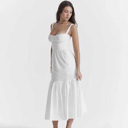 Oligai Vestido blanco informal de verano elegante con tirantes finos por debajo de la rodilla Vestidos de fiesta Encantadores vestidos de fiesta de cumpleaños Ropa de mujer