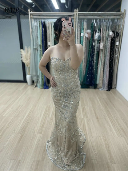 MYMB Nude Arabic Sexy Mermaid Sheath Beaded Tassel Evening Formal Gown for Women Wedding Party Luxury Capes Sleeves Gala Dresses