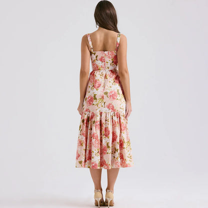 Robe de vacances élégante d'été Oligai 2024 Robe décontractée à volants et ourlets ajustés et évasés avec poche Robe mi-longue à imprimé floral