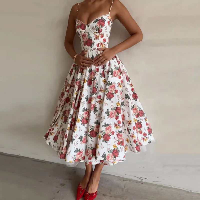 Ellafads Long Dress Women Summer Sweet Elegant Floral Printed Suspender Sleeveless Nipped Waist Evening Party Long Dresses